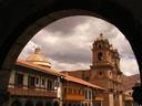 Looking out at the plaza through one of the arches along one of its sides.